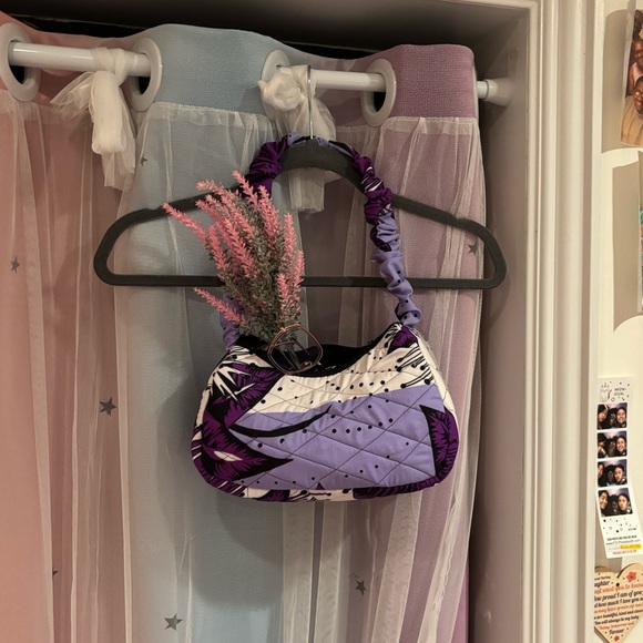 Purple African Floral Print Quilted Asymmetrical Handbag with Ruffled Strap - Picture 5 of 9